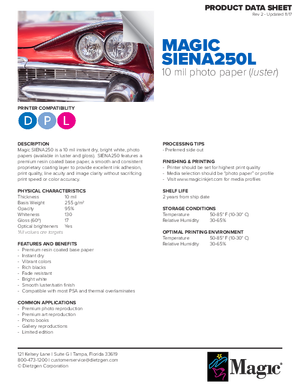 250L Data Sheet For Magic Brand SIENA 250G SIENA 250L Gloss or Luster Photobase Print Media