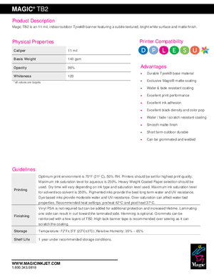 Data Sheet For Magic Brand TB2 Tyvek Banner One Sided Banner Print Media