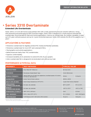 Download For Arlon Series 3310 Pressure Sensitive Overlaminating Film