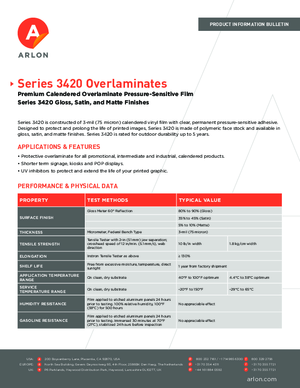 Download For Arlon Series 3420 Pressure Sensitive Overlaminating Film