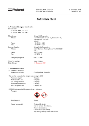 MSDS For Roland DGA ESL3 MAX Eco Solvent Inks