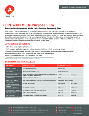 Product Specs For Arlon DPF 4300 Calendered Vinyl PSA Print Media