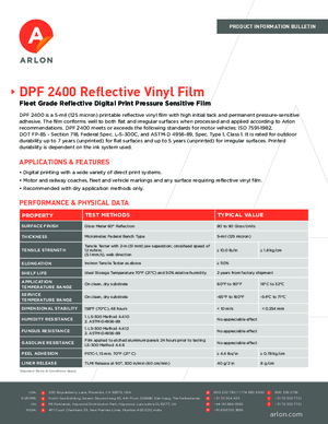 Spec Sheet For Arlon DPF 2400 Calendered Vinyl PSA Print Media