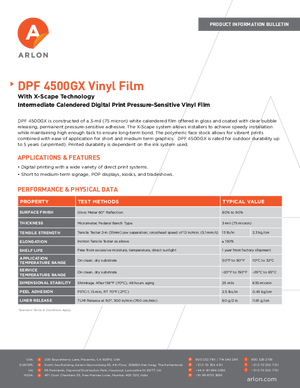Spec Sheet For Arlon DPF 4500GX Calendered Vinyl PSA Print Media