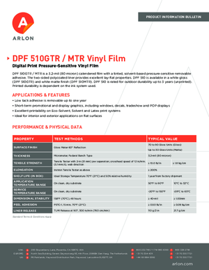 Spec Sheet For Arlon DPF 510GTR DPF 510MTR Calendered Vinyl PSA Print Media