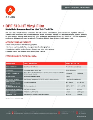 Spec Sheet For Arlon DPF 510GT HT Calendered Vinyl PSA Print Media