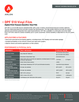 Spec Sheet For Arlon DPF 510G DPF 510M Calendered Vinyl PSA Print Media