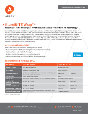 Spec Sheet For Arlon IllumiNITE Wrap Reflective FLITE Technology Calendered Vinyl PSA Print Media
