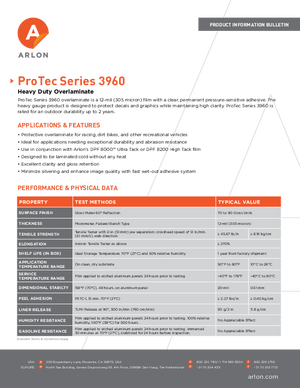 Spec Sheet For Arlon ProTec Series 3960 Heavy Duty Pressure Sensitive Overlaminating Film