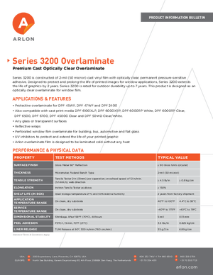 Spec Sheet For Arlon Series 3200 Pressure Sensitive Cast Overlaminating Film