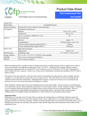 Spec Sheet For Graphic Finishing Partners PAG Anti Graffiti Pressure Sensitive Overlaminating Film