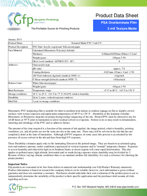 Spec Sheet For Graphic Finishing Partners TM3 Overlaminating Film