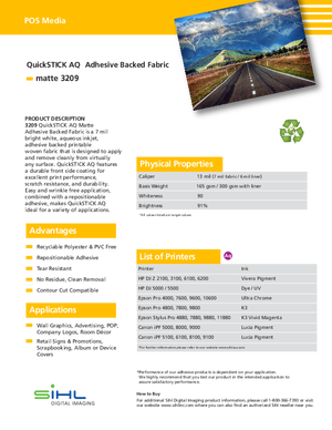 Spec Sheet For Sihl QuickSTICK AQ Self Adhesive Fabric Wall PSA Print Media