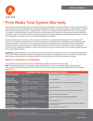 Warranty For Arlon DPF 8200 High Tack PSA Print Media