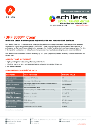 Data Sheet For Arlon DPF 8000 Clear Calendered Vinyl PSA Print Media