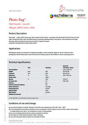 Data Sheet For Hahnemuhle Photo Rag 308gsm Fine Art Print Media