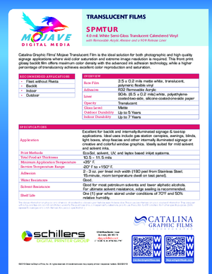 Data Sheet For Mojave Digital Media SPMTUR Calendered Translucent Vinyl PSA Print Media