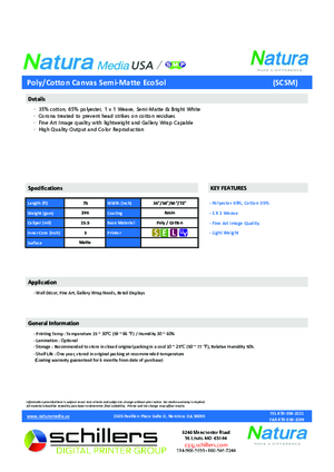 Data Sheet For Natura Media SCSM Polyester Cotton Canvas Print Media