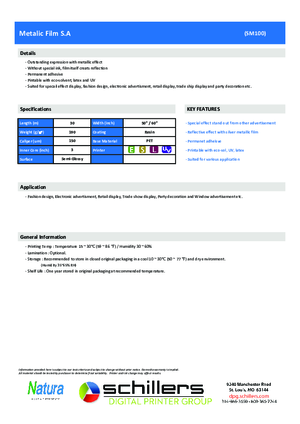 Data Sheet For Natura Media SM100 Metalic Calendered Vinyl PSA Print Media