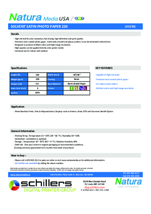 SO220 TDS For Natura Media SO110 SO220 Gloss or Satin Photo Print Media