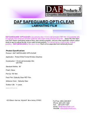 Spec Sheet For DAF Safeguard Opti Clear Pressure Sensitive Overlaminating Film