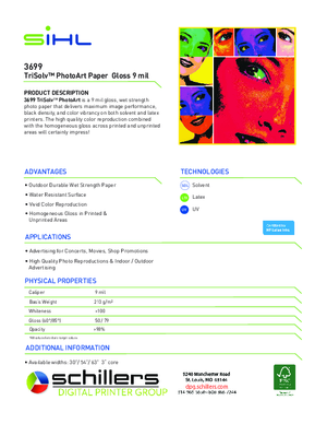 Spec Sheet For Sihl 3699 TriSolv PhotoArt Photobase Print Media