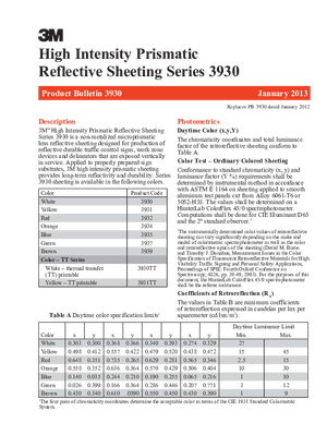 Specifications For 3M Sign and Display High Intensity Prismatic Reflective Sheeting 3930 Sign Vinyl