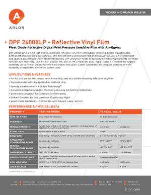 Specifications For Arlon DPF 2400XLP Reflective Cast Vinyl PSA Print Media