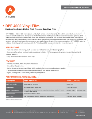 Specifications For Arlon DPF 4000 Calendered Vinyl PSA Print Media