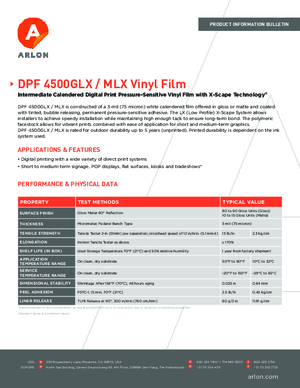 Specifications For Arlon DPF 4500GLX DPF 4500MLX Calendered Vinyl PSA Print Media