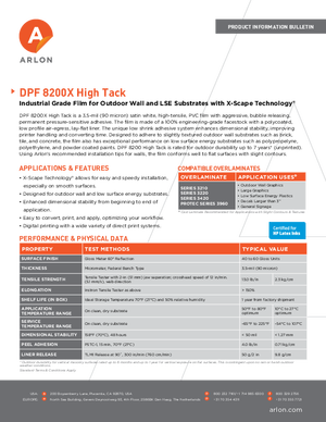 Specifications For Arlon DPF 8200X High Tack Air X Scape Calendered Vinyl PSA Print Media