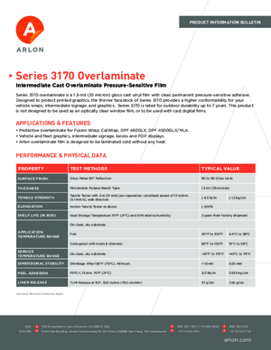 Specifications For Arlon Series 3170 Pressure Sensitive Cast Overlaminating Film