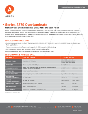 Specifications For Arlon Series 3270 Gloss Satin or Matte Pressure Sensitive Cast Overlaminating Film